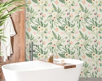 Fern Wallpaper Peel and Stick, Flowers and Herbs Botanical Canvas Removable Wall Paper