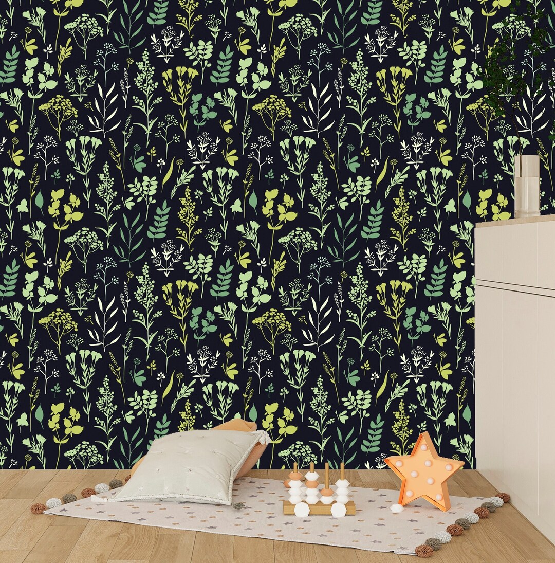 Herbs Wallpaper Peel and Stick, Botanical Wallpaper, Wildflower