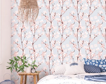 Sakura Wallpaper Peel and Stick, Neutral Floral Removable Wall Paper
