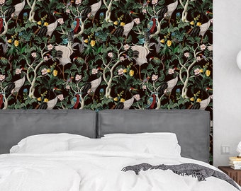 Chinoiserie Wallpaper Peel and Stick, Crane Peony Textured Removable Wall Paper