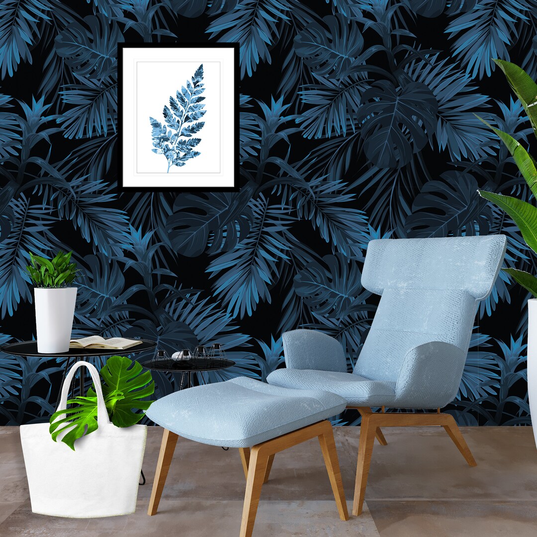 Blue Tropical Wallpaper, Palm Leaf Wallpaper, Dark Peel and Stick