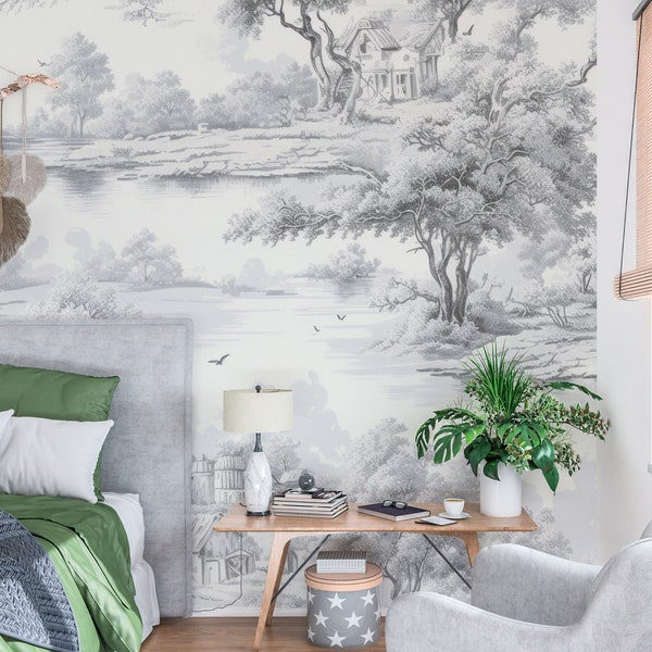 Scenic Wallpaper Peel and Stick, Vintage Forest Landscape Removable Wall Paper