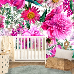 Pink Floral Wallpaper, Big Flower Wallpaper Peel and Stick, Hot Pink