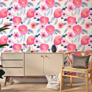 Watercolor Floral Wallpaper Peel and Stick, Pink Roses Wallpaper, Removable Wall Paper