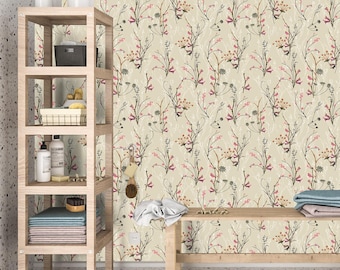 Wildflower Wallpaper Peel and Stick, Beige Floral Canvas Removable Wall Paper