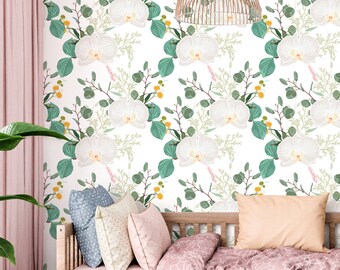 White Orchid Wallpaper Peel and Stick, Tropical Floral Canvas Removable Wall Paper