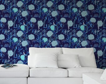 Papel pintado Mystical Protea, autoadhesivo, con diseño floral azul oscuro, papel de pared extraíble