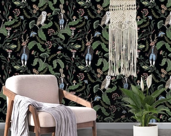 Woodland Wallpaper, Owl Wallpaper Peel and Stick, Deer Wallpaper, Removable Wall Paper
