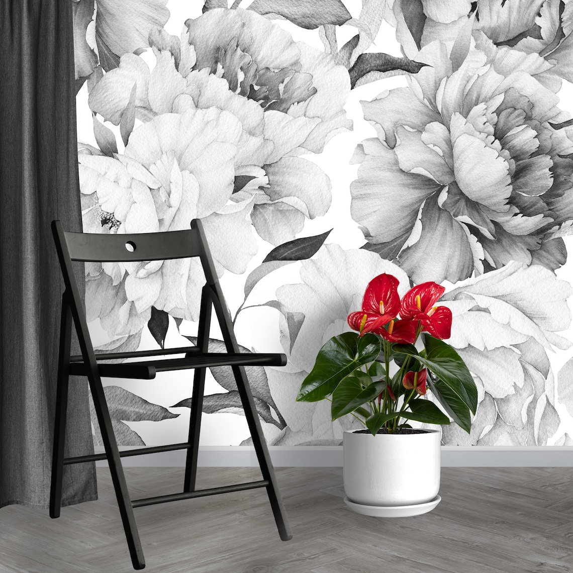 Peony Wallpaper Black and White Floral Wallpaper Peel and Etsy
