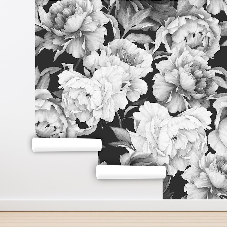 Big Flower Wallpaper Peel And Stick Black And White Peony Etsy Big flower wallpaper peel and stick black and white peony etsy