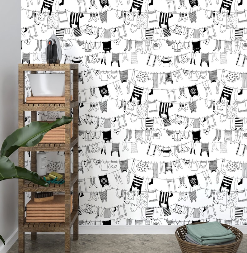 Laundry Wallpaper Laundry Room Wallpaper Black and White Etsy