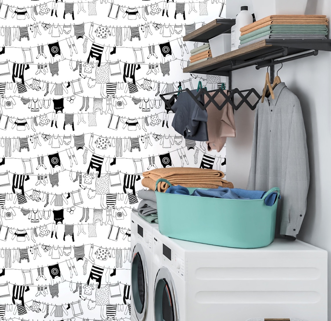 Laundry Wallpaper Laundry Room Wallpaper Black and White Etsy