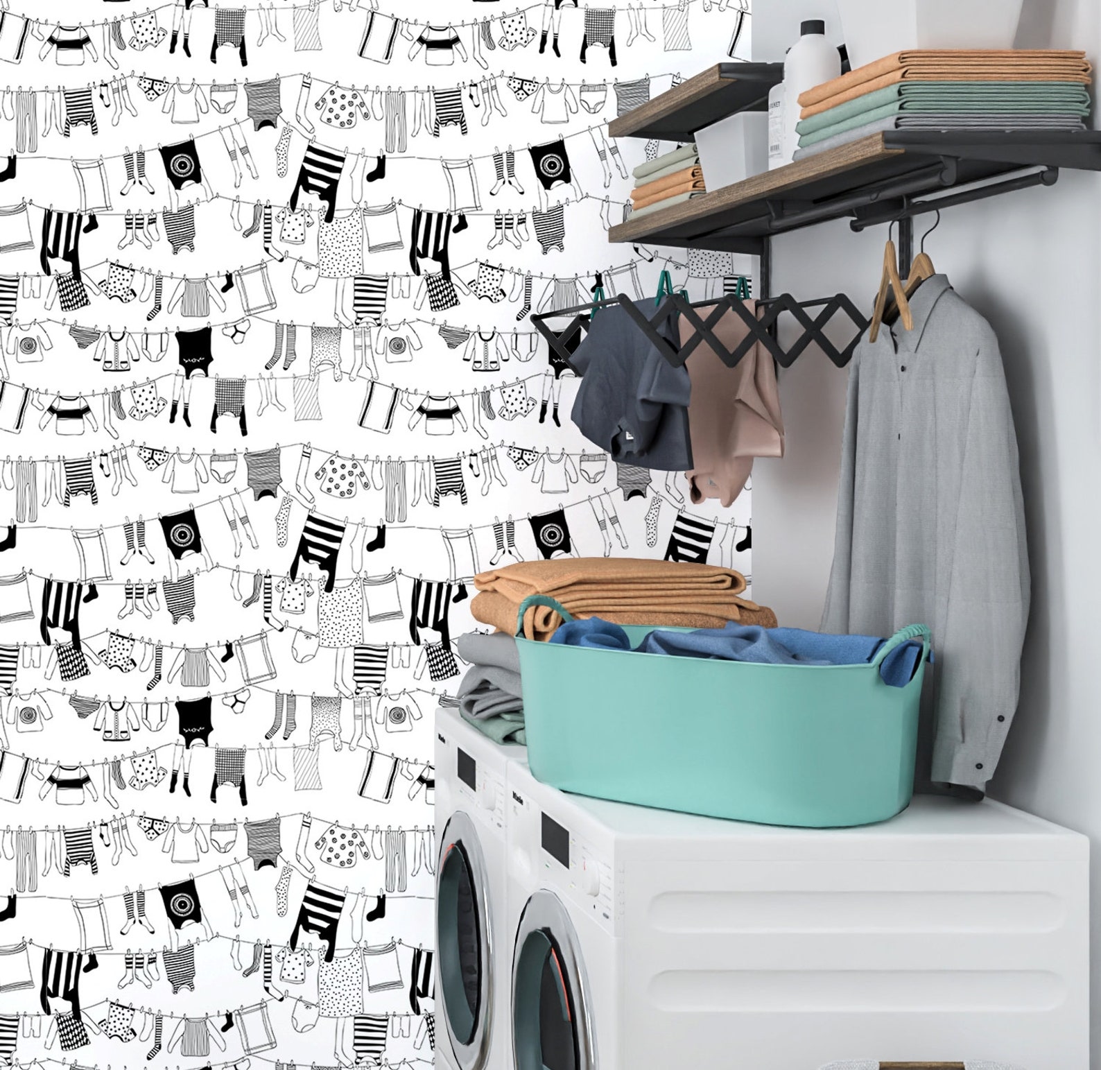 Laundry Wallpaper, Laundry Room Wallpaper, Black and White Wallpaper ...