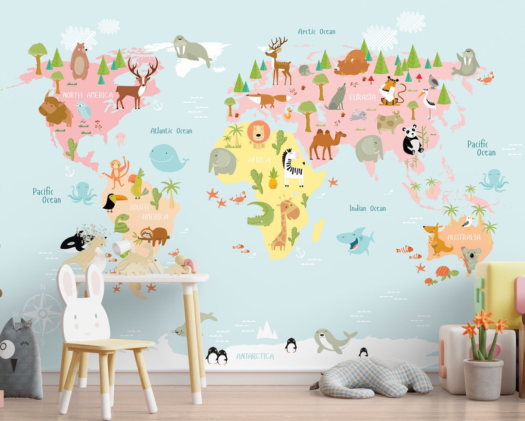 Kids Map Wallpaper Peel and Stick, Animal World Removable Wall Paper - Etsy