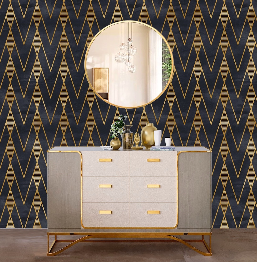 Black and Gold Wallpaper Peel and Stick, Geometric Wallpaper, Removable