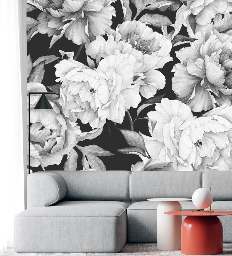 Big Flower Wallpaper Peel And Stick Black And White Peony Etsy Big flower wallpaper peel and stick black and white peony etsy