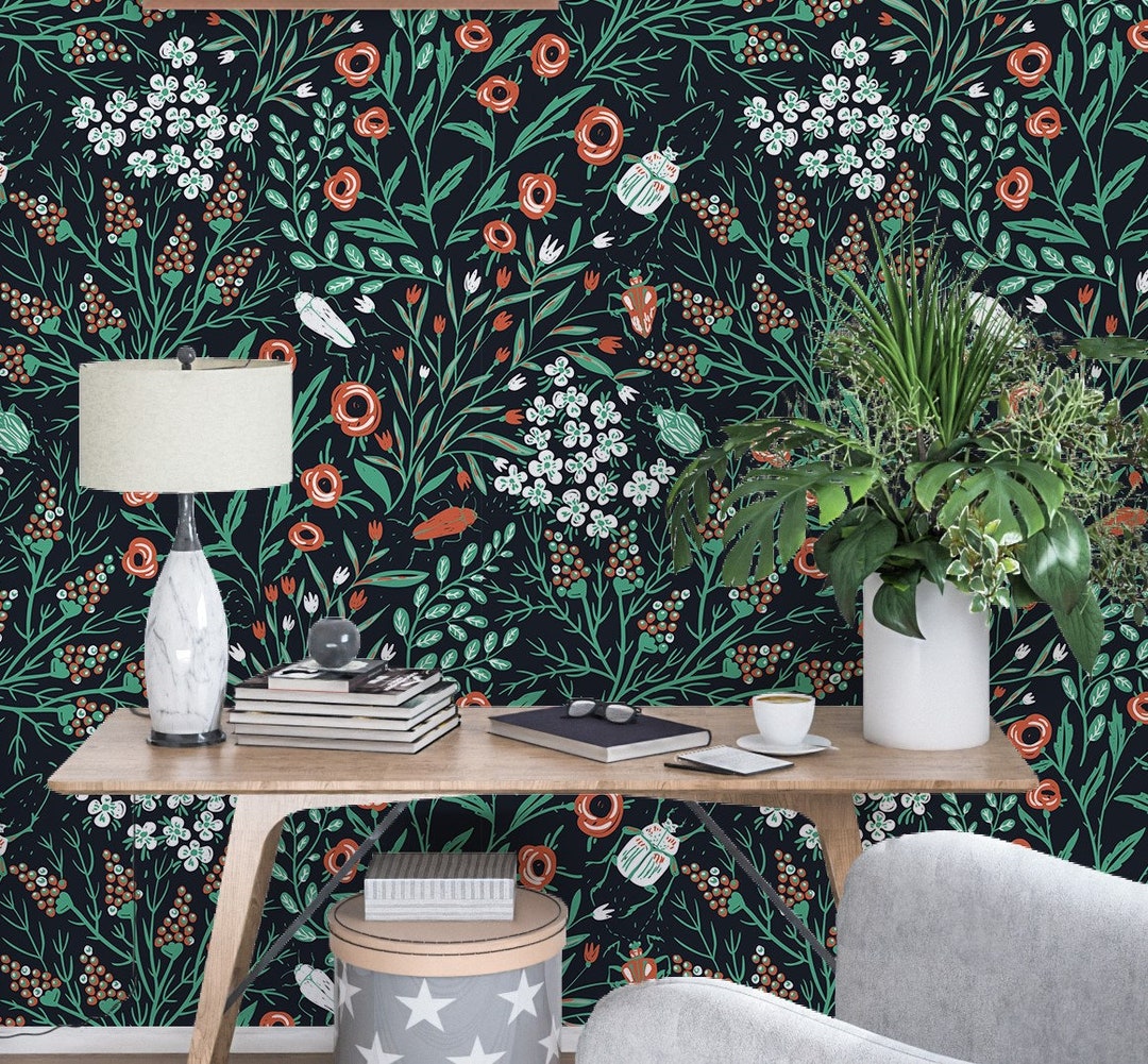 Botanical Wallpaper Peel and Stick, Dark Floral Wallpaper, Blooms