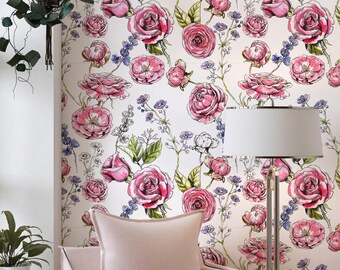 Drawn Flowers Wallpaper Peel and Stick, Rose and Briar Canvas Removable Wall Paper