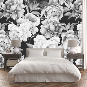 Big Flower Wallpaper Peel and Stick Black and White Peony Wallpaper, Removable Wall Paper