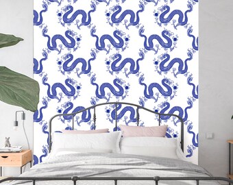 Chinoiserie Wallpaper Peel and Stick, Blue Dragon Removable Wall Paper