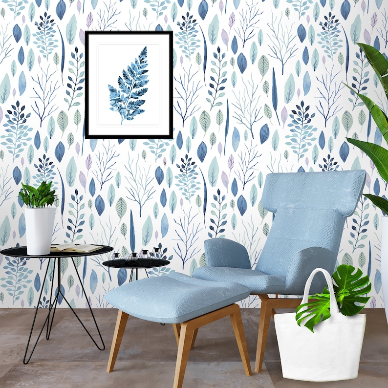 Blue Leaves Wallpaper Peel and Stick Nursery Wallpapers Etsy