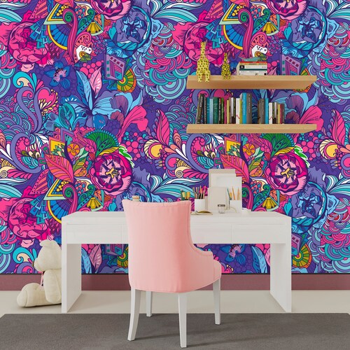 Colorful Wallpaper Peel and Stick Hot Pink Wallpaper Purple Etsy