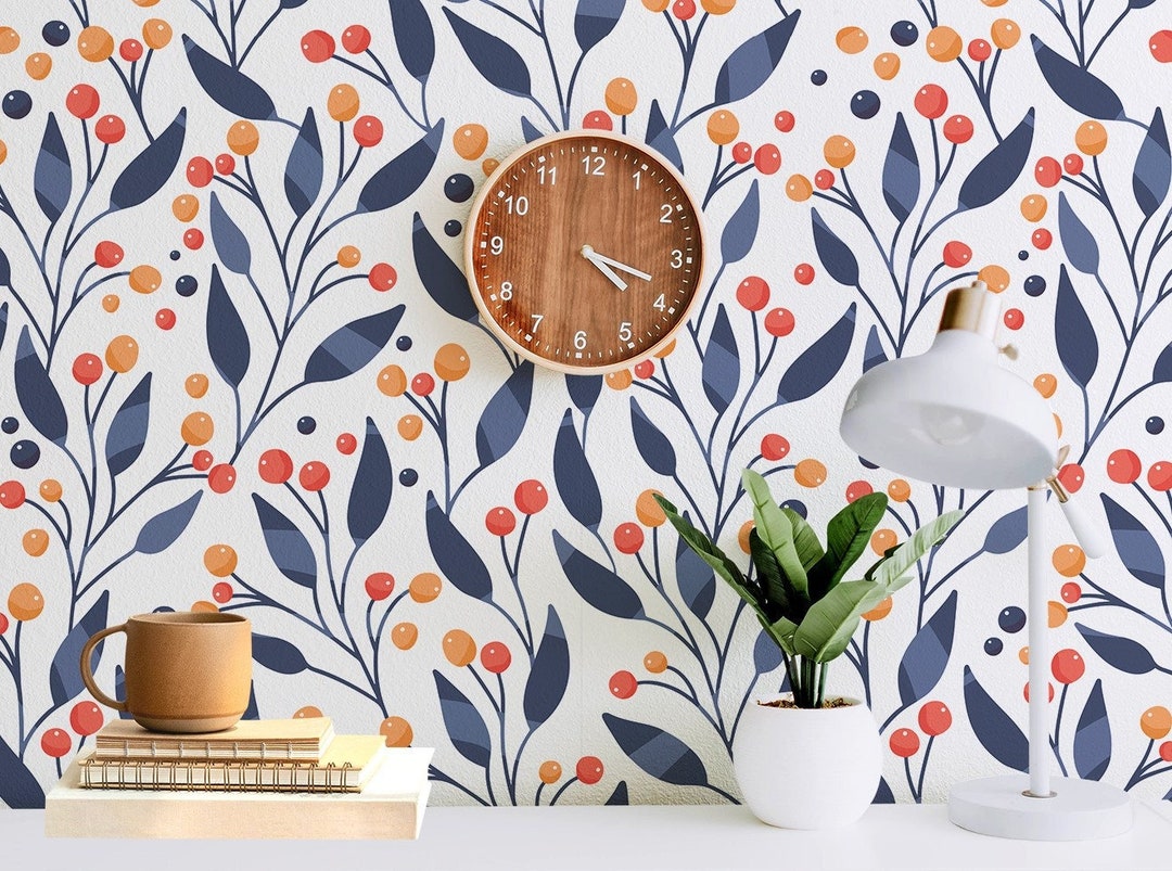 Blue Leaves Wallpaper Peel and Stick , Berry Wallpaper, Removable Wall ...
