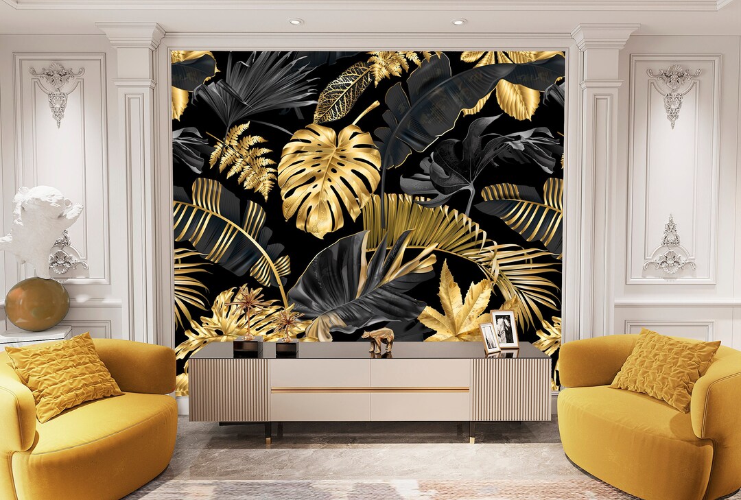 Gold Leaf Wallpaper Peel and Stick, Black and Gold Wallpaper, Palm Leaf