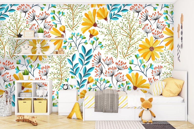 Yellow Floral Wallpaper Wildflower Wallpaper Spring - Etsy