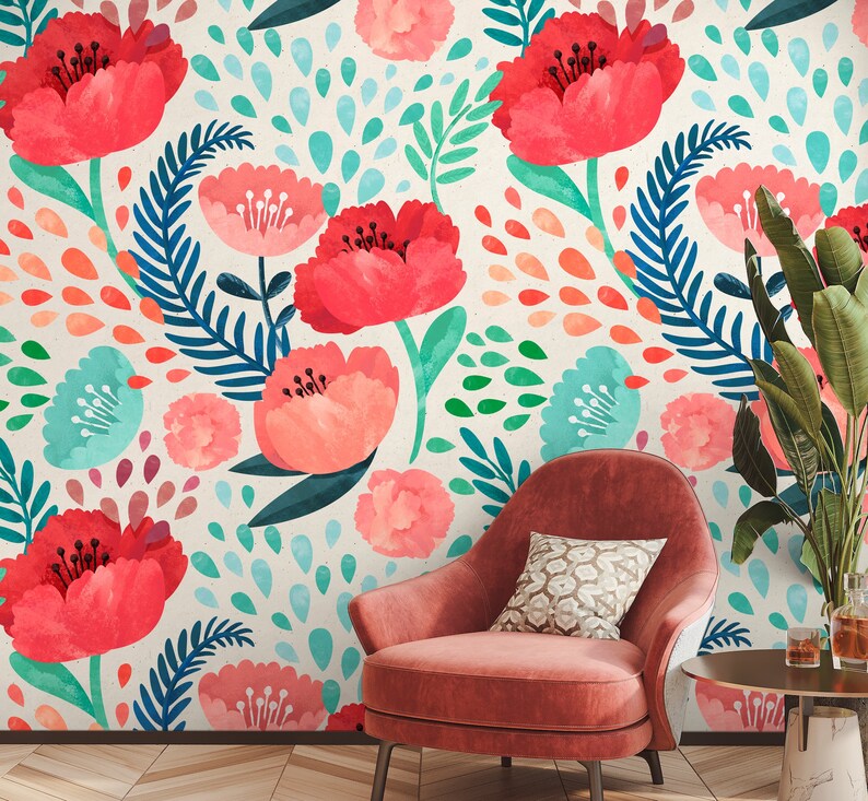 Poppy Wallpaper Peel and Stick, Big Flower Wallpaper, Watercolor Floral ...