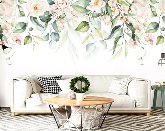 Watercolor Floral Wallpaper Peel and Stick, Green leaves Nursery Removable Wall Paper