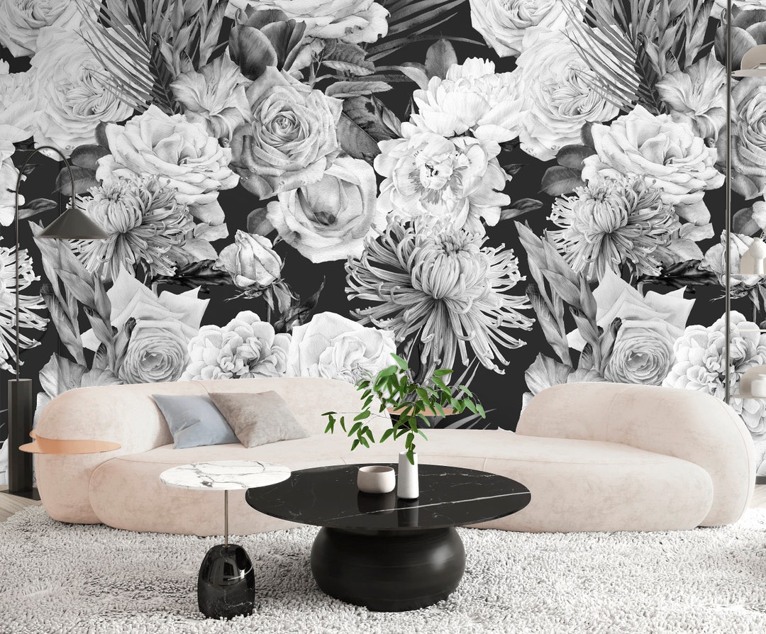 Black and White Peony Wallpaper Peel and Stick Big Flower - Etsy