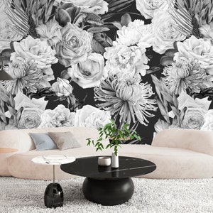 Black and White Peony Wallpaper Peel and Stick, Big Flower Wallpaper, Removable Wall Paper