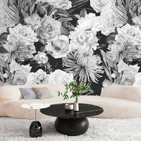 Black and White Peony Wallpaper Etsy
