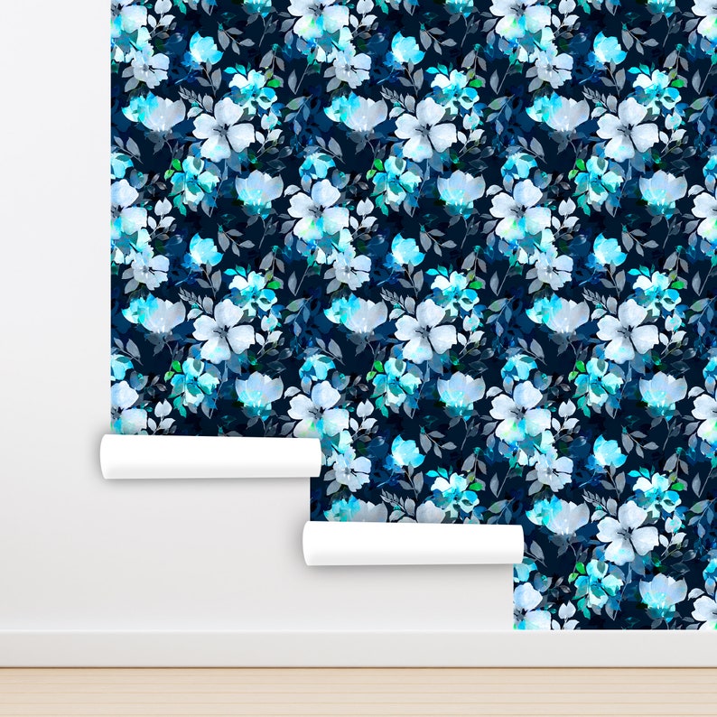 Blue Floral Wallpaper Peel and Stick Moody Wallpaper Etsy