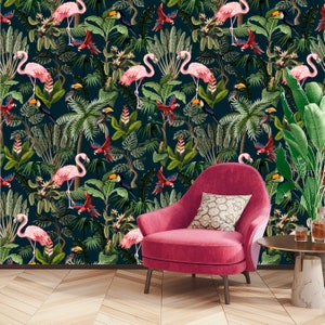 Flamingo Wallpaper Peel and Stick, Parrot Wallpaper, Palm Wallpaper, Tropical Wallpaper, Removable Wall Paper