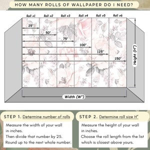 May include: A diagram showing how to calculate the number of wallpaper rolls needed for a room. The diagram shows a wall divided into six sections, each representing a roll of wallpaper. The wall is labeled with measurements in inches, including width and height. The text below the diagram provides instructions on how to determine the number of rolls needed based on the wall's dimensions.