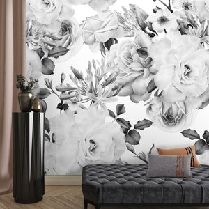 Large Rose Wallpaper Black and White Floral Wallpaper Peel and - Etsy