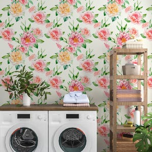 Pink Floral Wallpaper Peel and Stick, Watercolor Roses Canvas Removable Wall Paper
