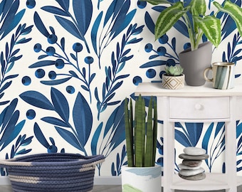 Papel pintado removible Peel and Stick Papel pintado Mural Hojas azules Papel de pared