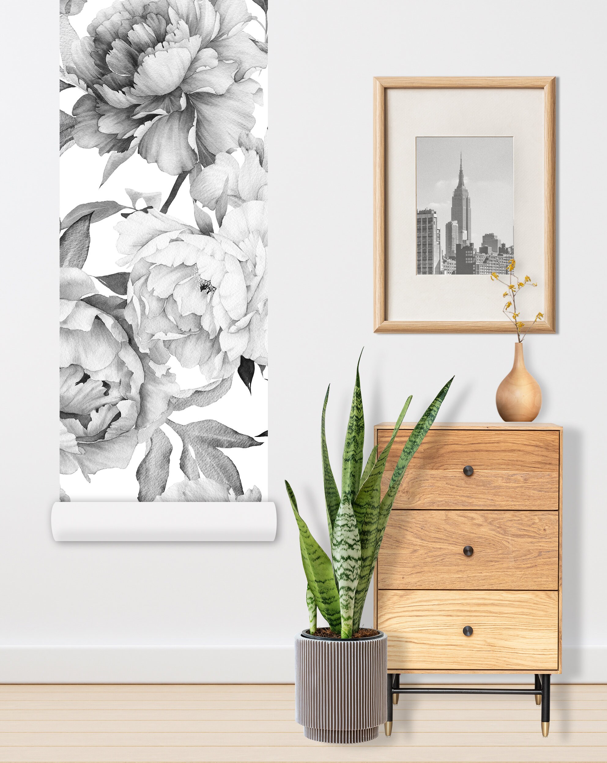 Peony Wallpaper Black and White Floral Wallpaper Peel and Etsy