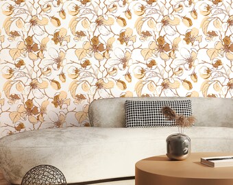 Flower Branches Wallpaper Peel and Stick, Beige Botanical Canvas Removable Wall Paper