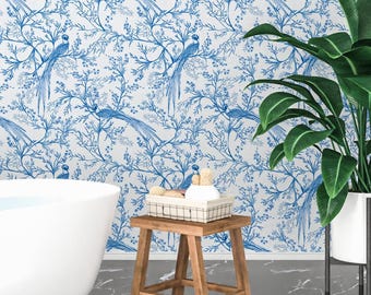 Chinoiserie Wallpaper Peel and Stick, Blue and White Bird Garden Removable Wall Paper