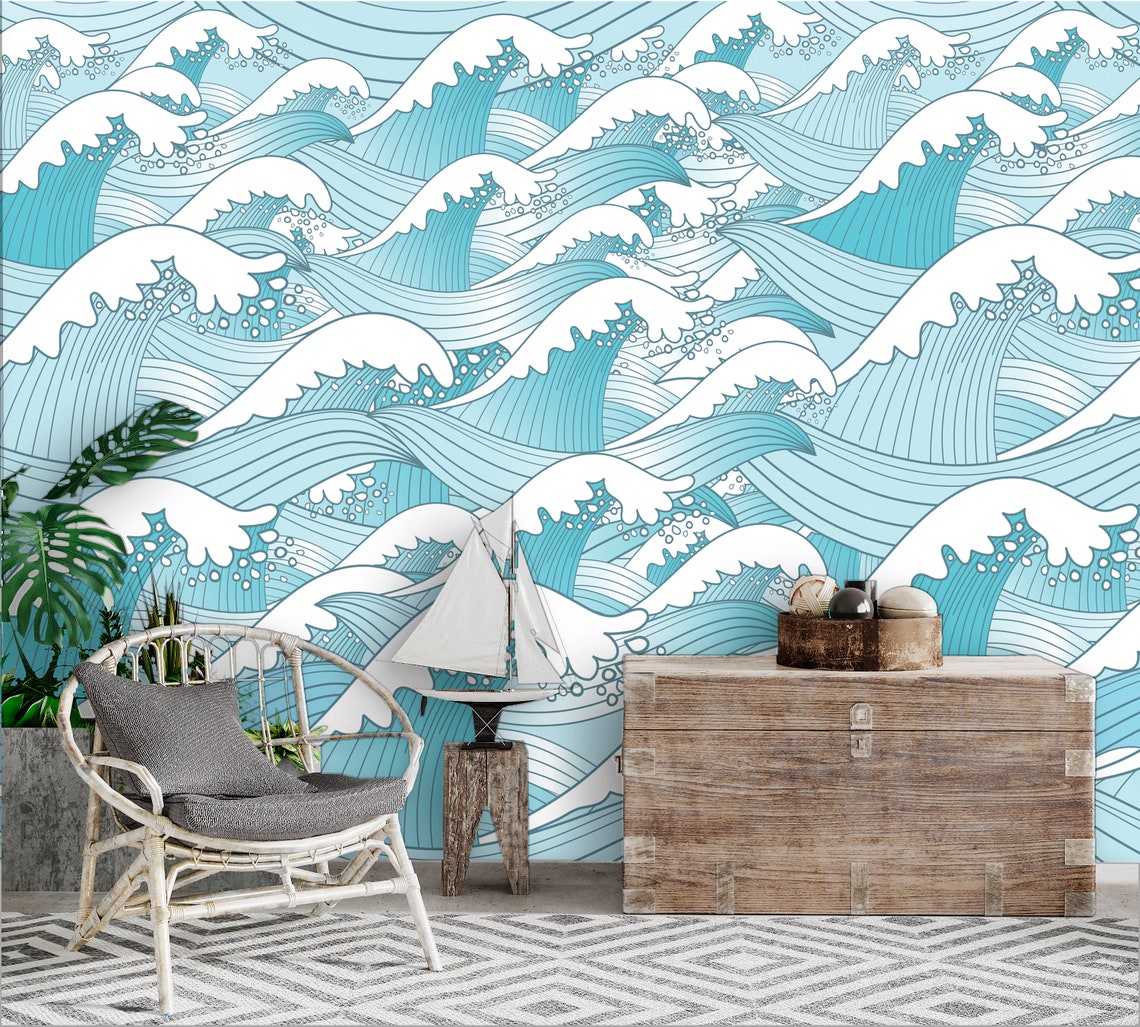 Waves Wallpaper Peel and Stick Ocean Wallpaper Ocean Wall - Etsy