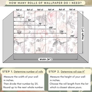 Puede incluir: Un diagrama que muestra c&oacute;mo calcular el n&uacute;mero de rollos de papel tapiz necesarios para una habitaci&oacute;n. El diagrama muestra una pared dividida en seis secciones, cada una representando un rollo de papel tapiz. La pared est&aacute; etiquetada con medidas en pulgadas, incluyendo el ancho y la altura. El texto debajo del diagrama proporciona instrucciones sobre c&oacute;mo determinar el n&uacute;mero de rollos necesarios en funci&oacute;n de las dimensiones de la pared.