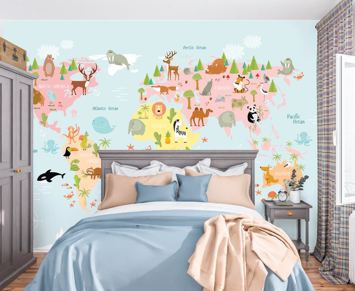 Kids Map Wallpaper Peel and Stick, Animal World Removable Wall Paper - Etsy
