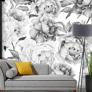Peony Wallpaper Black and White Floral Wallpaper Peel and Stick Wallpaper Removable Wallpaper Mural