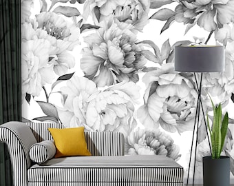 Peony Wallpaper Black and White Floral Wallpaper Peel and Stick Wallpaper Removable Wallpaper Mural