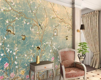 Chinoiserie Wallpaper Peel and Stick, Antique Bird Cage Removable Wall Paper