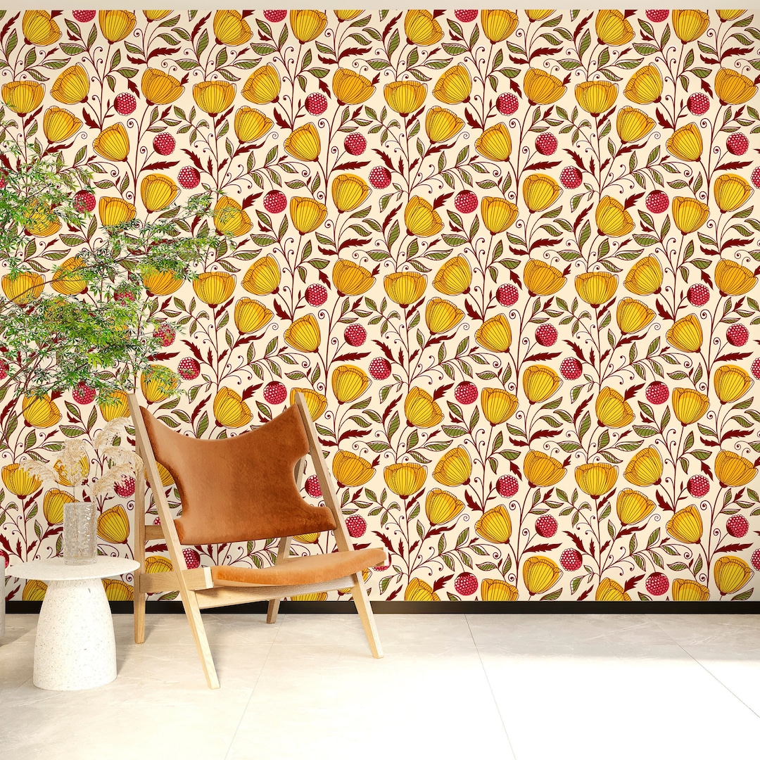 Yellow Floral Wallpaper Peel and Stick, Raspberry Wallpaper, Removable ...